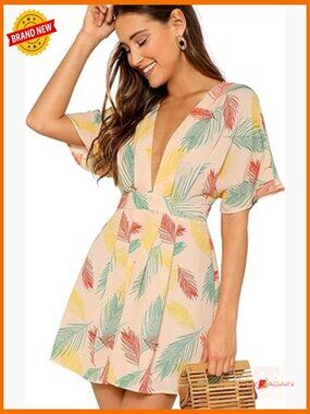 Tropical Floral Plunging V Neck Tie Open Back Short Dress Summer
